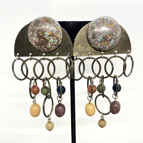 VINTAGE MODERNIST STATEMENT EARRINGS COLORFUL BEADS CIRCLES BRUTALIST ARTISAN - Picture 1 of 10